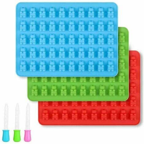 LNDGHV 3 Pièces Moule À Bonbons En Silicone Moules À Oursons En Silicone Moules En Silicone Avec Pipettes Pour Oursons En Gélatine, Gelée, Chocolat, Bonbons De Noël D'Halloween (Bleu, Rouge, Vert)