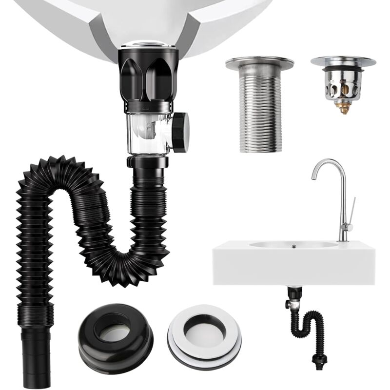 Lntyq - 1 kit de bonde de lavabo - Kit de tuyau de vidange pour lavabo - Siphon anti-odeur - Filtre pop-up - 415 à 950 mm - Peut être étendu