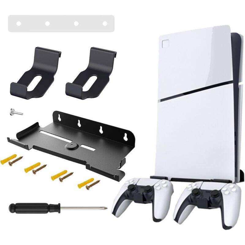 Lntyq - 1 Pièce Support Mural PS5 Slim, Support Mural avec 2 Supports de Contrôleur, étagère Murale PS5 (Disque et édition numérique), Support Mural