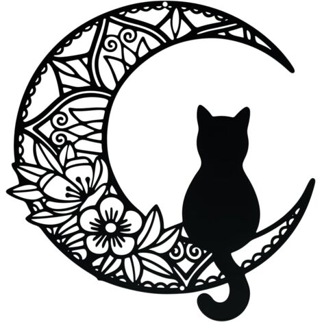 Lntyq 1 x Metall-Wandkunst, Katze, Mond, Gartendekoration für Zuhause, drinnen und draußen, Schwarz