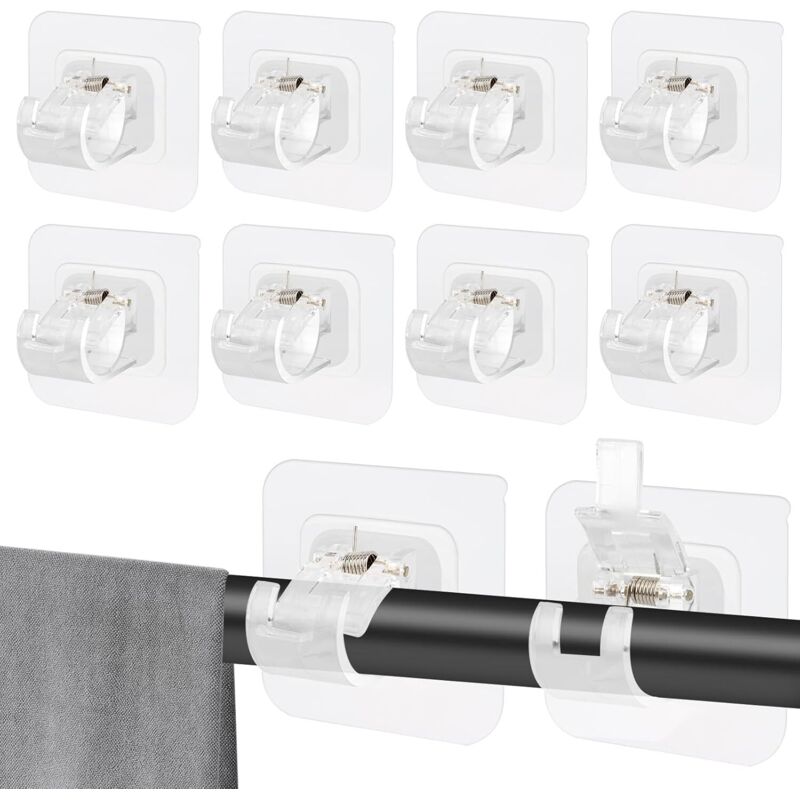 Lntyq 10 soportes para barra de cortina sin perforar, transparentes, autoadhesivos, mejorados, sin perforar, para el hogar y el baño.