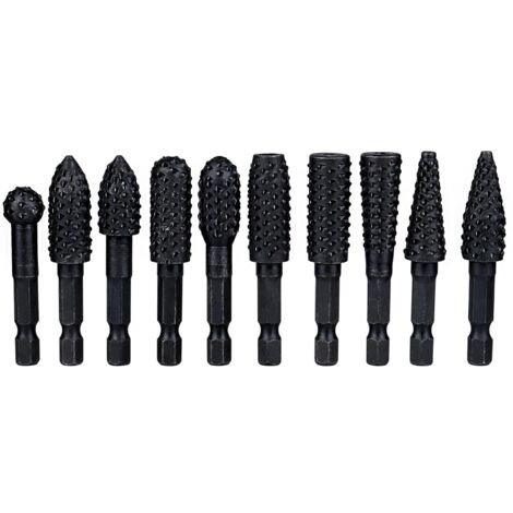 Lntyq 10-teiliges Rotationsfräser-Raspel-Set, 6,35 mm Kohlenstoffstahl, sechseckiger Griff, Rotationsfräser, Schnitzwerkzeug für Holzschnitzerei, Metallpolieren, Gravieren, Schwarz