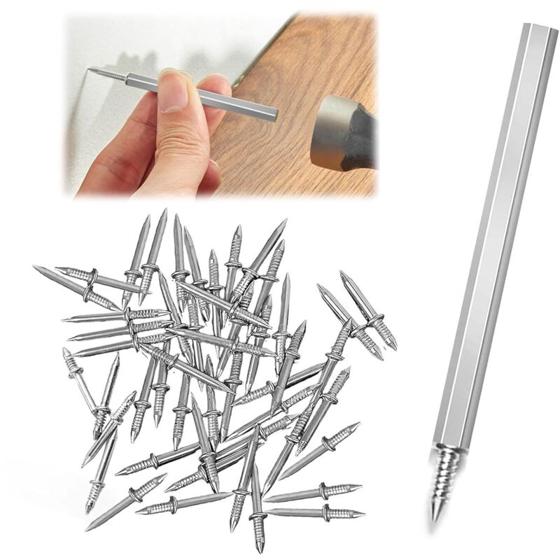 Lntyq 100 clavos de zócalo de doble cabeza sin costuras, sin dejar marcas, con herramienta de manga específica para clavos, para decoración del hogar
