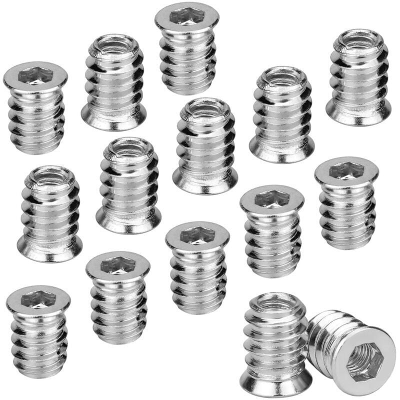 Lntyq 100PCS Insert Fileté Bois Ecrou Hexagonal M6 x 15 mm Insert a Visser en Alliage de Zinc Douille Filetée Vis à Tête Insert Bois M6 pour Meubles