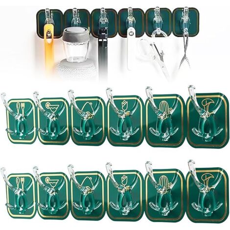 Lntyq 12 Pièces Crochet Adhesif Mural, 2 Set Crochet 6 Auto Adhésifs, Multi-usage Crochet, Attache Murale Sans Percer, Accrochage Sans Dommage, pour Bain, Cuisine, Mural, Porte (Vert)