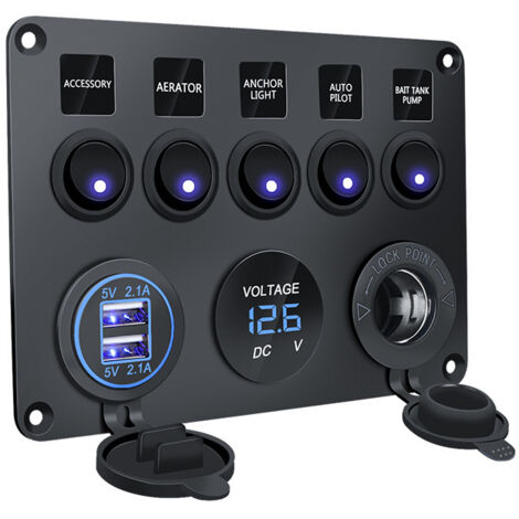 Lntyq 12-V-Marine-Schalttafel, 4,2-A-USB-Ladeanschluss + Zigarettenanzünderbuchse + Voltmeteranzeige, IP65 wasserdichte Wippschalter für die Schaltkreissteuerung von Autos, Booten und Fahrzeugen