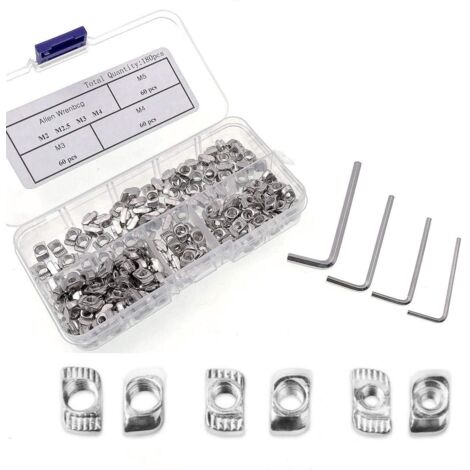 Lntyq 180 Stück T-Nutensteine M3 M4 M5 Kohlenstoffstahl T-Nutensteine mit 4 Inbusschlüsseln, Extrusionshammerkopf 2020 Befestigungsmuttern-Set für 3D-Drucker