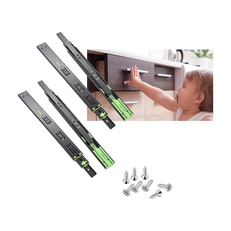 2 Paires Glissiere Tiroir Amortisseur,250 mm Coulisse à Billes Extension Complète Capacité de Charge Robuste de 45 kg Rails de Tiroirs Coulissants