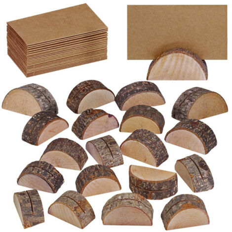 Lntyq 20 Stück halbrunde Tischkartenhalter aus Holz, Ständer aus Naturholz, rustikaler Holzsockel, 20 Kraftpapiere, Tischdekoration aus Holz für Hochzeit, Geburtstag, Weihnachten