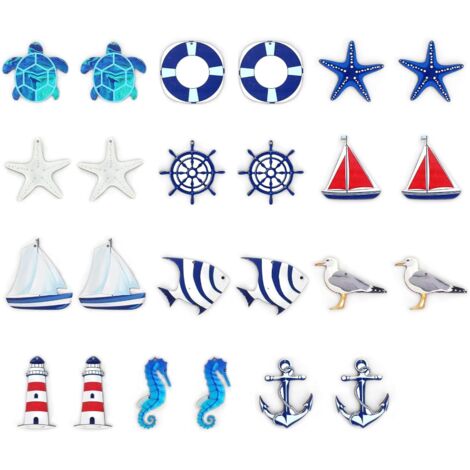 Lntyq 24 Stück maritime Anhänger, nautisches Dekor, maritimes Deko-Set, Seestern, Boot, Anker, Leuchtturm, Fisch, Kokospalme für Mini-Fischernetz, Wanddekorationen