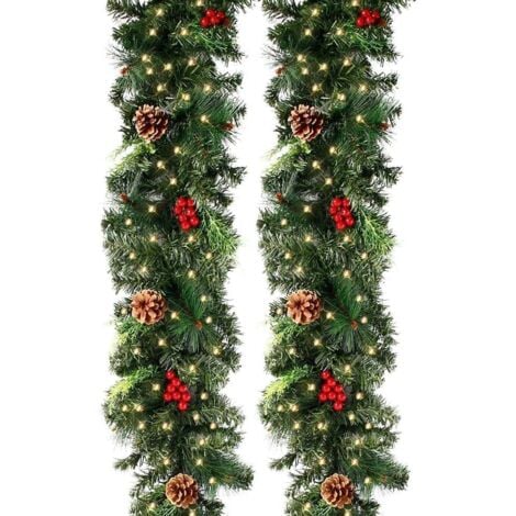 Lntyq 270cm Guirlande Sapin Artificiel Nëol Lumineuse Vert avec 50 LEDs,230 Tete,Pomme de pin Fruit Rouge,Couronne Sapin Noël pour décoration Cheminée Porte Escalier (270CM, Guirlande avec LED)