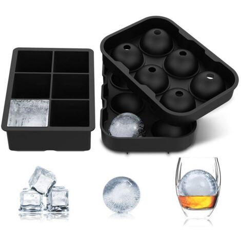 Lntyq 2er-Pack große Eiswürfelformen aus Silikon mit Deckel, 1 quadratische Eiswürfelform und 1 Eisballform für Cocktails, Mojito, Whisky, Babynahrung, BPA-frei, wiederverwendbar