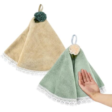 Lntyq 2er-Pack Handtücher, Badezimmerhandtücher, Küchenhandtücher mit Ringen, Hängehandtuch aus Korallenvlies, weich und saugfähig, runde Küchenhandtücher 50 x 50 cm