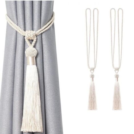 Lntyq 2er-Pack lange Vorhang-Raffhalter mit Quaste, handgefertigt, europäischer Stil, geflochtener Seilknoten, Vorhanghalter für Zuhause, Büro, Fensterdekoration (Beige)