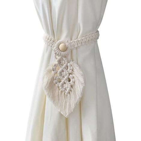 Lntyq 2er-Set böhmische Vorhang-Raffhalter, handgefertigte handgewebte Vorhang-Raffhalter aus Baumwollseil, Off-White