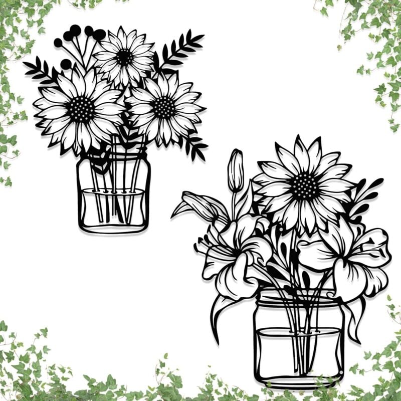 Lntyq 2pcs métal Noir fleur mur Art fleur mur décoration tournesol mur sculpture fleur Cour balcon salle de bain Home Decor