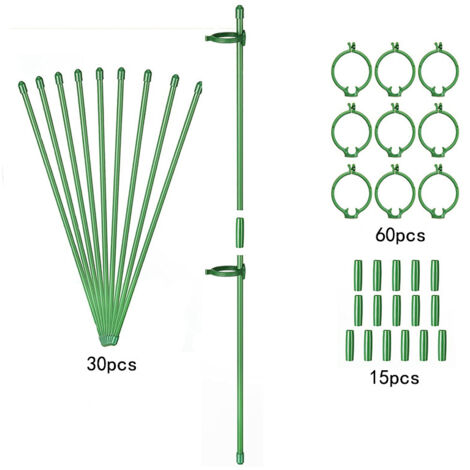 Lntyq 30 Stück verstellbare Pflanzenstützstäbe, 30 cm erweiterbarer Einzelstab-Gartenstützstab, Pflanzenkäfig-Stützringe mit 60 Clips und 15 Schlauchanschlüssen