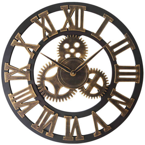 Lntyq 3D-Armbanduhr im Vintage-Stil, Vintage-Stil, Silencieux Retro Vitesse Pendaison Chiffre Romain Horologes Style Européen Steampunk Décor Industriel pour Salon, Bar, d'or, 30 cm