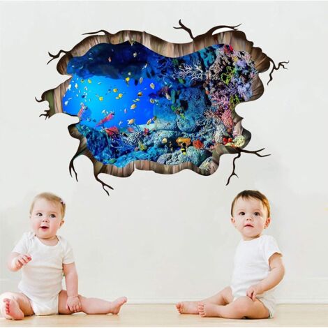 Lntyq 3D-Wandaufkleber „Unterwasserwelt“, für Zuhause, Bodenaufkleber, Dekor, lebendige Fische, Meeresschildkröte, kaputte Tiere, Kunst, Wandaufkleber unter dem Meer, Badezimmer, Schlafzimmer, Bodende