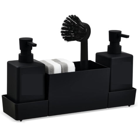 Lntyq 4-in-1 Spülmittelspender – Schwamm- und Bürstenhalter mit praktischem Spülbecken-Organizer – Eleganter Seifenspender für Küche und Bad, Schwarz, Kunststoff, 32 x 10 x 15 cm