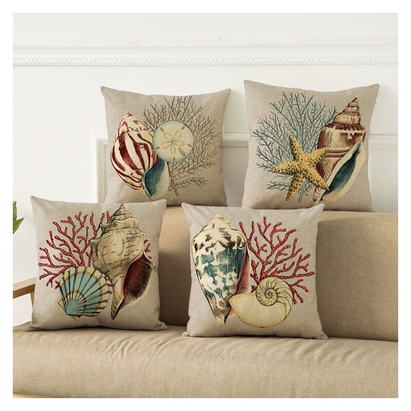 Lntyq - 4 Pcs Housses de Coussin 45 x 45 cm, Carré Décoratif Taie d'oreiller Canapé Housse Coussin océan Conque, Coquillage Imprimé Motif Animal Lin