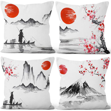 Lntyq 45 x 45 cm, 4er-Set, japanische Kissenbezüge, rote Sonne, Schwarz-Weiß-Landschaft, Berg Fuji, Leinen, quadratische Kissenbezüge, Sommerdekoration, japanische Taverne, Heimdekoration, Sofa, Tatam