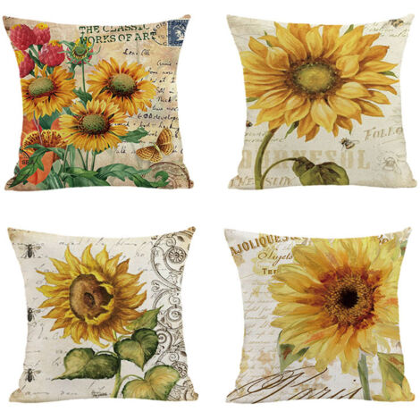 Lntyq 4er Set Kissenbezüge 45 x 45 cm, Bauernhaus Dekor, Sonnenblumen Baumwollleinen Kissenbezüge, quadratische Kissenbezüge