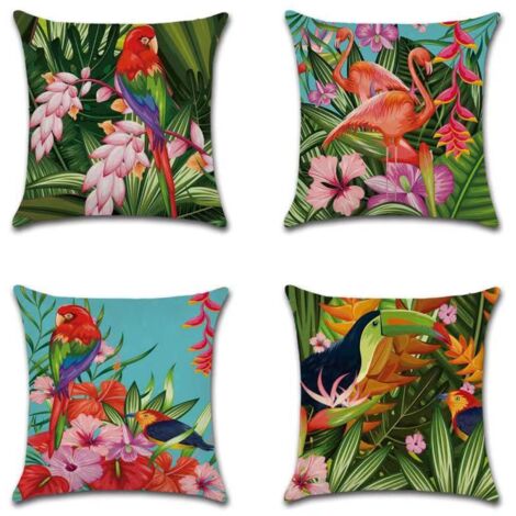 Lntyq 4er-Set Kissenbezug 45 x 45 cm Vögel Blumen Tropische Pflanzen Tropische Blätter Baumwolle Leinen Dekorativer Kissenbezug für Sofabetten Dekor