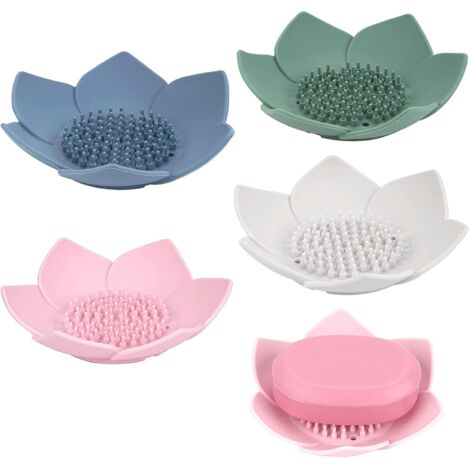Lntyq 4er-Set Seifenschalen mit Abfluss, Silikonseife fürs Badezimmer, blumenförmige Seifenschale für die Küchenspüle (grün, blau, weiß, rosa), 12,5 x 3 cm