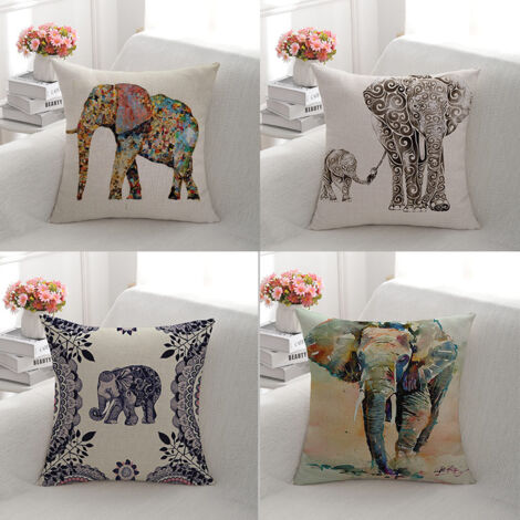 Lntyq 4er-Set Sofakissenbezüge mit Elefantenmuster, 45 x 45 cm, Leinen, dekorativer Kissenbezug für Schlafzimmer, Sofa, Bett, Garten