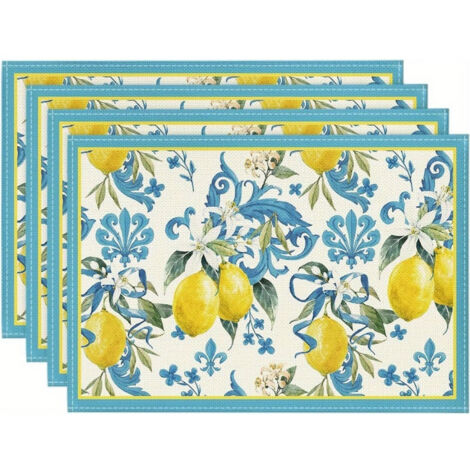 Lntyq 4er Set Tischsets mit Zitronenmuster, Tischsets, 30 x 45 cm, waschbar, Tischset, Sommer-Zitronen-Tischset, blaue Dekoration, Zitronen-Tischset für Esstisch, Feiertagsparty
