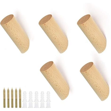Lntyq 5 PCS Crochet Mural en Bois Cylindre Patère Bois Naturel Crochet Porte Manteau en Bois Hêtre Crochet Mural avec 5 Vis 5 Particules Colloïdales Patère Murale Moderne pour Mur Vêtement Chapeau