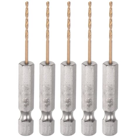 Lntyq 5 Stück 1/4 Zoll Sechskantschaft-Bohrer, 1,5 mm, Titan-Set, M35 Hochgeschwindigkeitsstahl-Spiralbohrer, 62 mm lang, vollständig geschliffen, für Holz, Edelstahl, Metall, Kunststoff