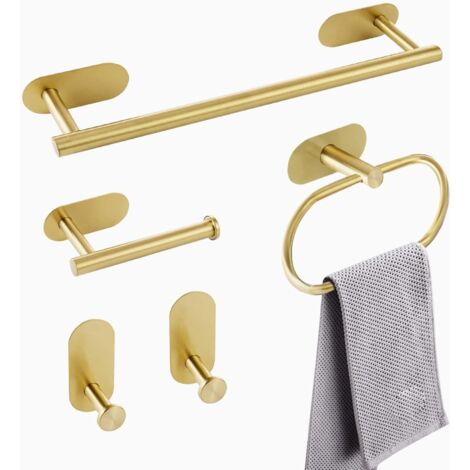 Lntyq 5-teiliges Badezimmer-Zubehörset, 40 cm Handtuchstangen, 3M-Kleber, Handtuchringe aus Edelstahl 304, ohne Bohren, Gold
