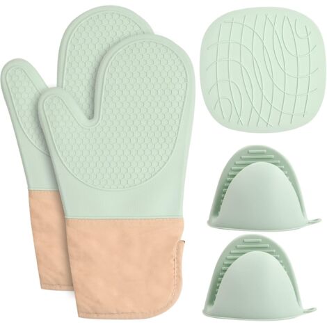 Lntyq 5er Set Ofenhandschuhe aus Silikon, Topflappen für die Küche, hitzebeständige Baumwollhandschuhe und Topflappen, Silikon-Küchenhandschuhe mit rutschfestem Silikon, Ofenhandschuhe für die Mikrowe