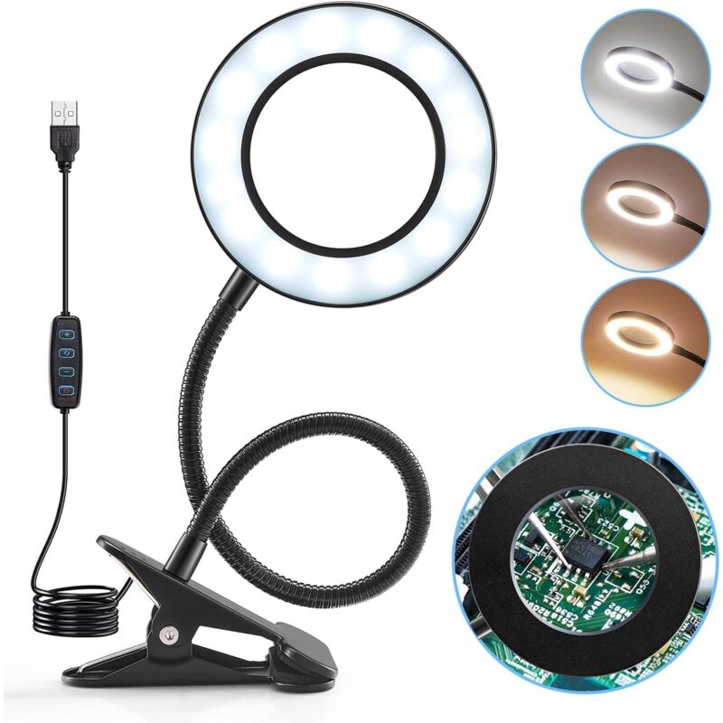 Lntyq - 5X Lampe Loupe, 360° Flexible Lampe Loupe de Lecture, 3 Couleurs 10 Luminosité Lampe de Bureau led, Dimmable Lampe Pince usb Lampe Loupe sur