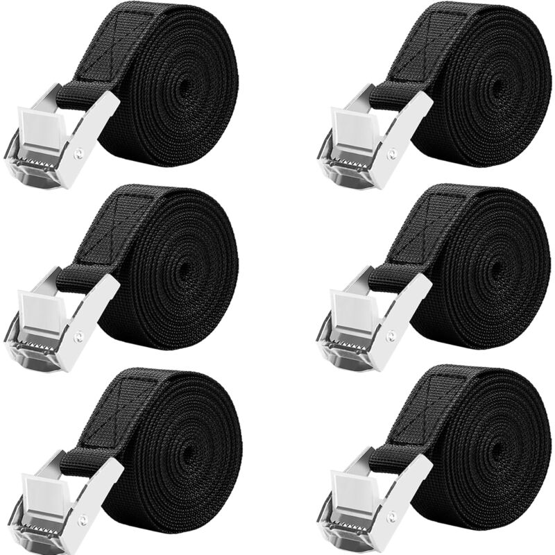 Lntyq - 6 Pieces 2.5m Sangles d'arrimage Sangle à Griffe Sangle de Fixation Charge Maximale 250 kg 2.5cm x 2.5m (Paquet de 6 Noir - 2,5 m x 25 mm)