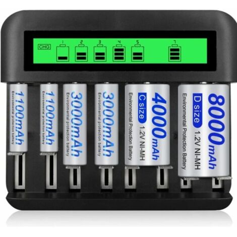 Lntyq 8 Emplacements Rapide LED Chargeur de Piles Universel,Chargeur Piles pour AA/AAA/C/D NI-MH NI-CD Piles Rechargeables avec Port USB
