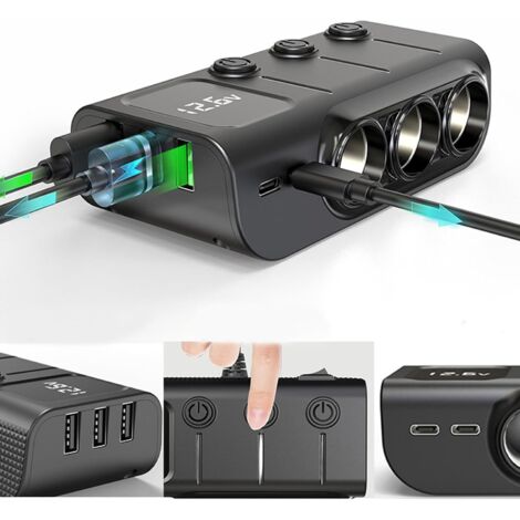 Lntyq Auto-Zigarettenanzünder-Ladegerät, Splitter-Basis, 120 W, Zigarettenanzünder-Adapter mit 3 USB-Anschlüssen, separater Schalter, Spannungsanzeige, PD-Schnellladung für Telefon, Tablets, Dashcam