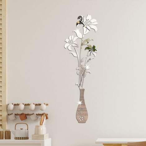 Lntyq Autocollants muraux miroir – Autocollants muraux 3D en forme de fleur pour salon, chambre à coucher, décoration murale pour arrière-plan TV et toile de fond de canapé (miroir argenté)