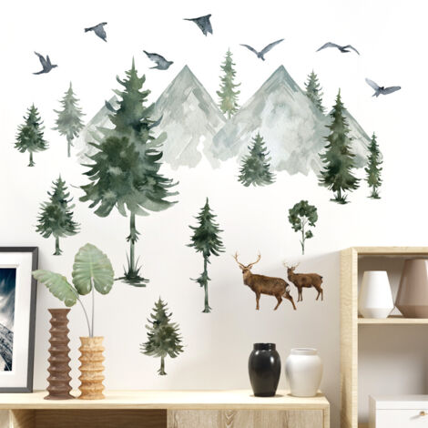 Lntyq Berg-Wandaufkleber, große Kiefer, abziehen und aufkleben, Waldbaum, Hirsch, Vögel, Tiere, Kinderzimmer-Dekoration