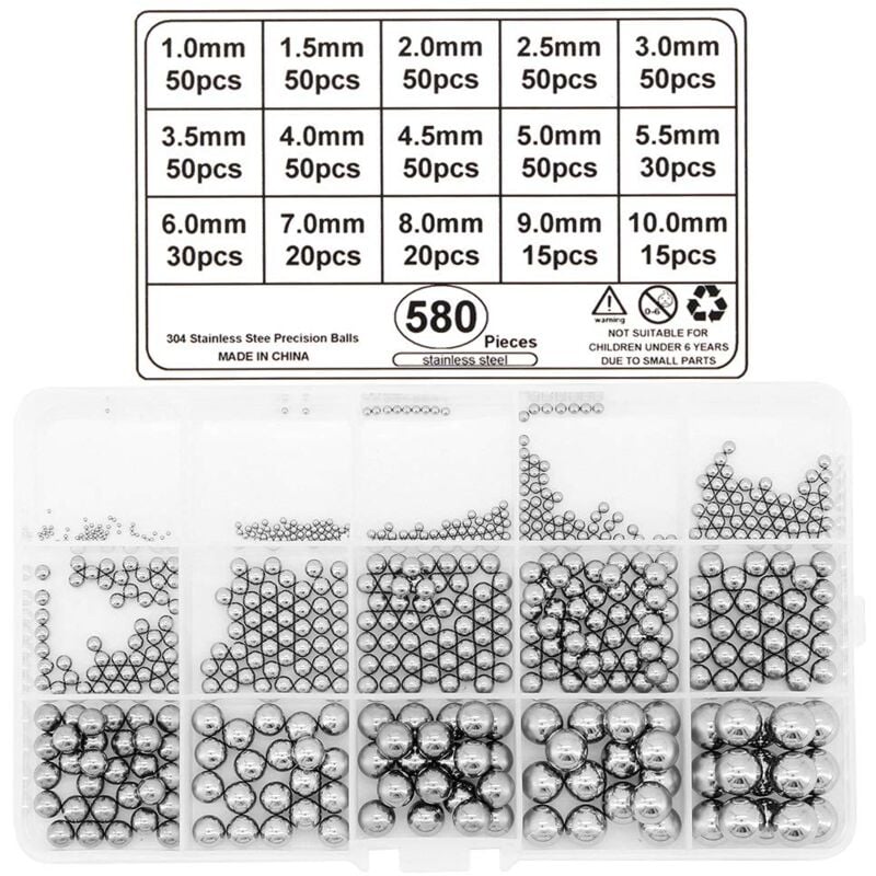 Lntyq - Billes en Acier, 580 Pcs Roulements à Billes en Acier Inoxydable 1mm-10mm Acier Inoxydable Billes Roulement