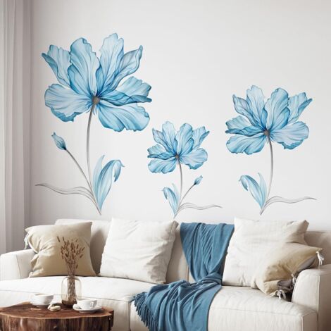 Lntyq Blaue Blumen Wandaufkleber Große Blumen Pflanzen Wandaufkleber Abnehmbare Kunst Wandtattoo für Wohnzimmer Schlafzimmer Büros Badezimmer Wanddekoration