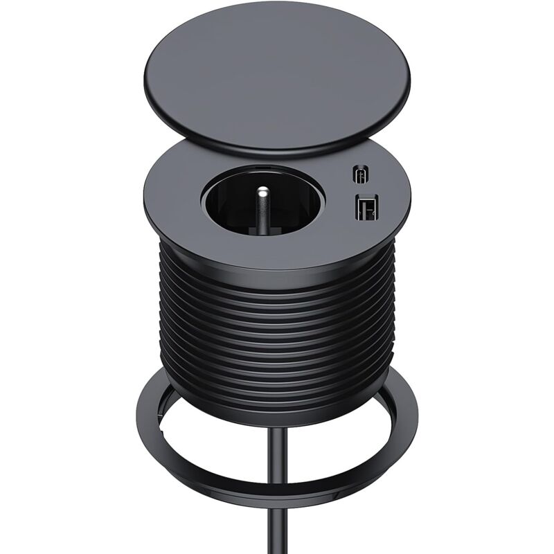 Bloc Prise Encastrable, Multiprise Encastrable avec 1 Prise, 1 Port usb c, 1 Port usb a, 75 mm de Diamètre, 1,5M de Câble, Prise Bureau pour la