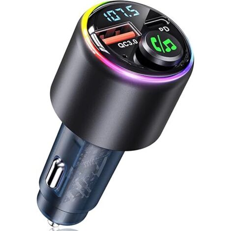 Lntyq Bluetooth 5.3 Auto, Typ-C PD 30 W & QC3.0 18 W USB-Zigarettenanzünder-Ladegerät, FM-Transmitter für Hi-Fi-Musik und Freisprechfunktion, Joystick-Tasten und 7-farbige LED-Hintergrundbeleuchtung