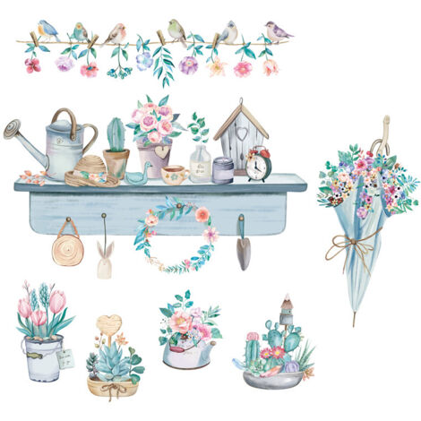 Lntyq BLUMEN Wandaufkleber & WANDREGALE blau (85x78 cm) I Aufkleber Wandaufkleber Vögel Pflanztopf I Dekoration für Wohnzimmer Schlafzimmer Küche Flur Kinderzimmer