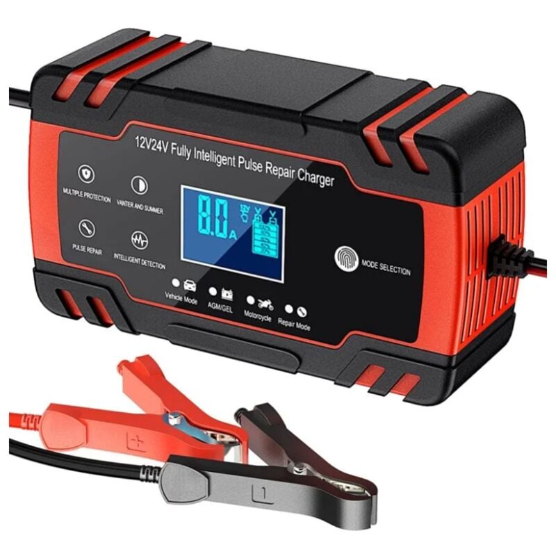 Chargeur de Batterie Intelligent 12V/24V 8A, Chargeur Batterie Mainteneur et Automatique Réparation Fonction Portable avec Écran lcd, pour Voiture