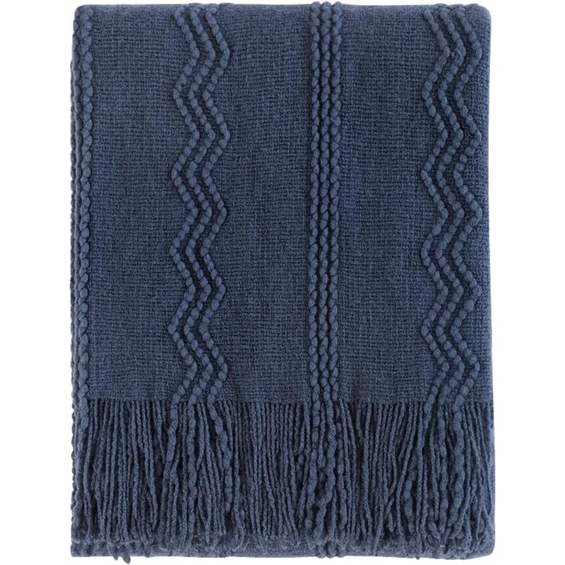 Lntyq - Couverture en laine tricotée en losanges, couverture de canapé solide et douce, couverture décorative en tricot, bleu marine, 127 x 172 cm