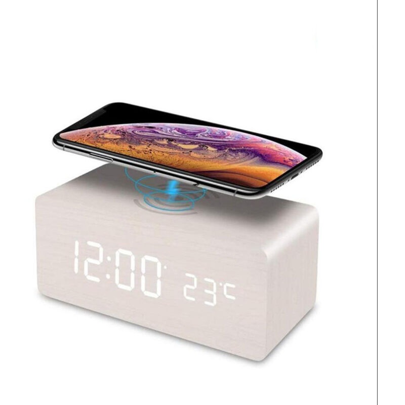 Lntyq Despertador digital de madera con cargador inalámbrico, pantalla LED que muestra la hora, la temperatura y el sonido, ideal para dormitorio y