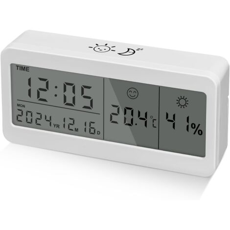 Lntyq Digitaler Wecker, batteriebetriebener Wecker mit großem LCD-Display, digitaler Wecker für unterwegs, Schlafzimmer, Büro, Digitaluhr mit Datum, Temperatur, Luftfeuchtigkeit, Schlummerfunktion, Hi